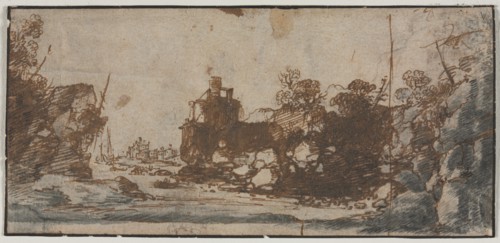 Rocky Inlet with Boats and Buildings (recto), 1600s. Creator: Unknown.
