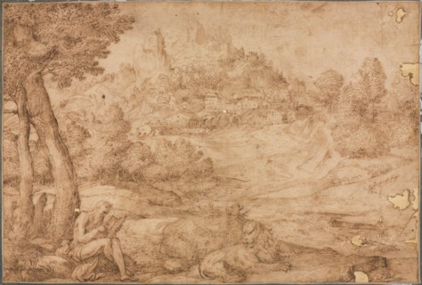 Saint Jerome in a Landscape, c. 1530. Creator: Domenico Campagnola (Italian, 1500-1564).