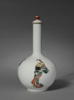 Sake Bottle with Three Figures: Arita Ware, Ko Imari Type, late 1700s. Creator: Unknown.