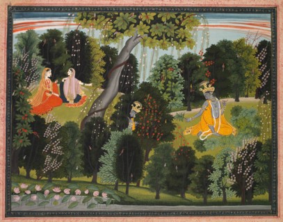 Sakhi Persuades Radha to Meet Krishna, from the "Lambagraon" Gita Govinda..., c. 1820-1825. Creator: Unknown.