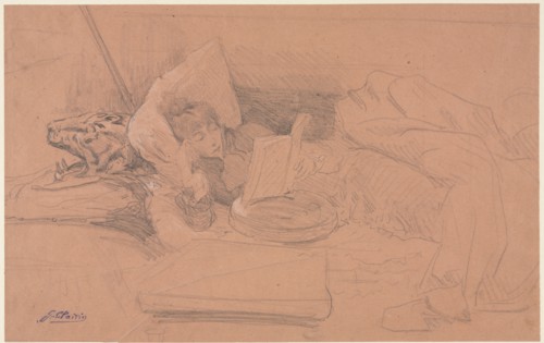 Sarah Bernhardt Reclining on a Divan, Reading, c. 1885-1890. Creator: Georges-Jules-Victor Clairin (French, 1843-1919).