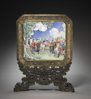 Screen with European Figures (obverse) and Landscape (reverse) with Stand, 1736-1795. Creator: Unknown.