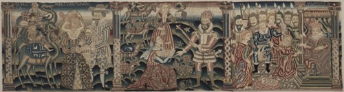 Section of an Embroidered Frieze: Rebecca Meeting Isaac, Abigail Meeting David?, 1625-1649. Creator: Unknown.