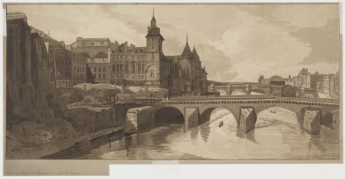 Selection of Twenty of the Most Picturesque Views in Paris:View of Pont au Change, 1802. Creator: Thomas Girtin (British, 1775-1802); Frederick Christian Lewis (British, 1779-1856).