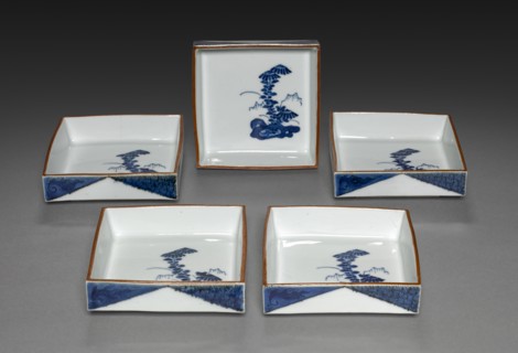 Set of Square Dishes with Rock and Tree Design: Arita Ware, 1700s. Creator: Unknown.