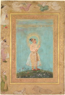 Shah Jahan holding a spinel and a long Deccan sword, from the Late Shah Jahan Album, c. 1650. Creator: Hashim (Indian, active 1598-c.1650), attributed to.