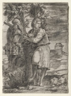 Shepherd and Old Warrior, 1517. Creator: Domenico Campagnola (Italian, 1500-1564).