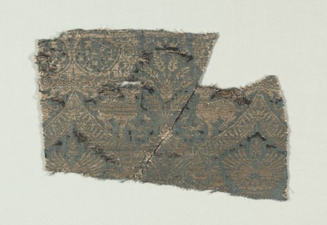 Silk with Dogs and Arabic Script in Swaying Bands, 1370-1400. Creator: Unknown.