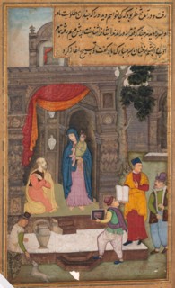 Simeon Kneels in Front of Mary and Jesus After Recognizing Them, from a Mirror of Holiness..., 1602- Creator: Unknown.