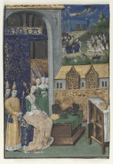 Single Miniature Excised from Boccaccio's Des Cleres et nobles femmes: Queen Medusa..., c. 1470. Creator: Maître François (French), circle of.
