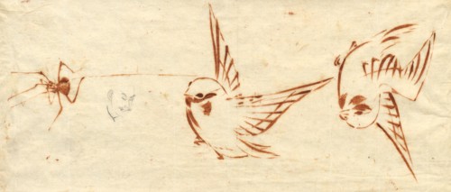 Sketch Page with Birds and Spider. Creator: Katsushika Hokusai (Japanese, 1760-1849), attributed to.