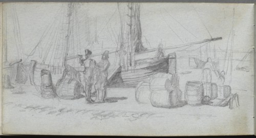Sketchbook, page 50: Boats, Figures, Cargo on a Beach. Creator: Ernest Meissonier (French, 1815-1891).