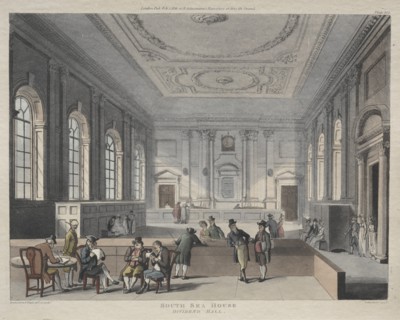 South Sea House, Dividend Hall, 1810. Creator: Thomas Rowlandson (British, 1756-1827); Augustus Charles Pugin (British, 1762-1832), and.