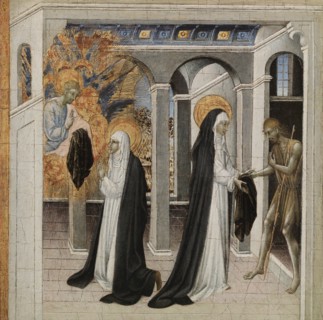 St. Catherine of Siena and the Beggar, 1460s. Creator: Giovanni di Paolo (Italian, c. 1403-1482).