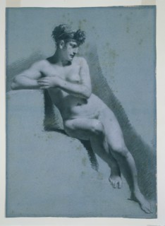 Study of a Nude Woman, Seated Looking to the Right (recto) Study of a Male Nude (verso), c1810. Creator: Pierre-Paul Prud'hon (French, 1758-1823).