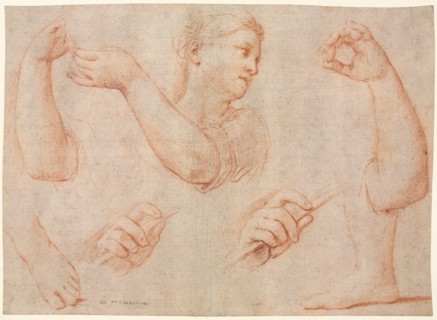Study of a Young Woman Playing a Tambourine, and Studies of an Arm, Hands, and Feet..., c. 1711. Creator: Marcantonio Franceschini (Italian, 1648-1729).