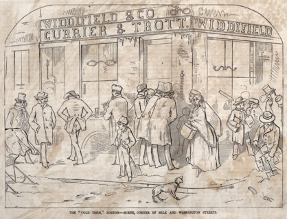 The "Cold Term," Boston - Scene, Corner Milk and Washington Streets, 1858. Creator: Winslow Homer (American, 1836-1910).