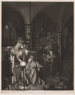 The Alchymist, in Search of the Philosopher's Stone, Discovers Phosphorus, and Prays..., 1775. Creator: William Pether (British, c. 1738-1821).