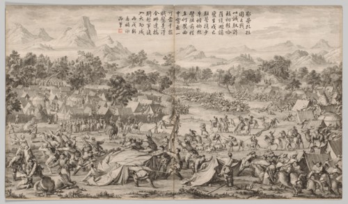 The Battle at Elei Zhalatu: from Battle Scenes of the Quelling of Rebellions...c. 1765-1774. Creator: Unknown.
