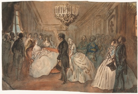 The Empress Eugenie Receiving the Diplomatic Corps after the Birth of the Imperial Prince, 1800s. Creator: Constantin Guys (French, 1805-1892).
