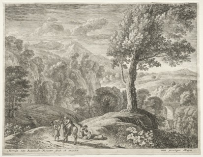 The Flight into Egypt: The large tree and the cuocade. Creator: Herman van Swanevelt (Dutch, c. 1600-1655).