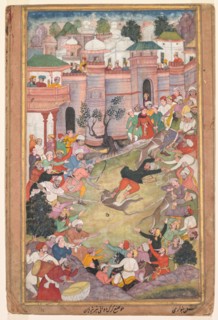 The game of wolf-running in Tabriz, from an Akbar-nama (Book of Akbar), c. 1595-1600. Creator: Banwari (Indian, active c. 1558-1600).