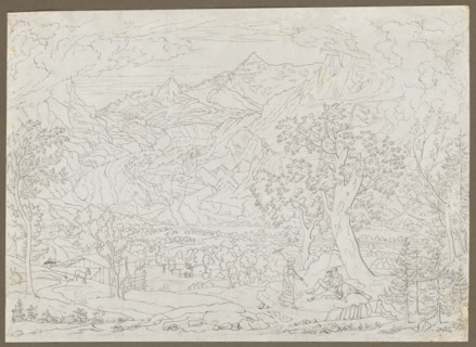 The Grindelwald Glacier with Hunter and Peasant Girl in Foreground, ca. 1823. Creator: Joseph Anton Koch (Austrian, 1768-1839).