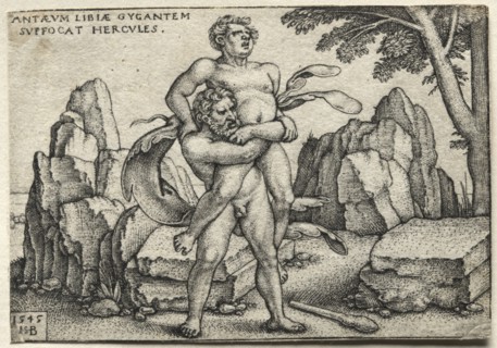 The Labors of Hercules: Hercules Crushing Antaeus, 1545. Creator: Hans Sebald Beham (German, 1500-1550).