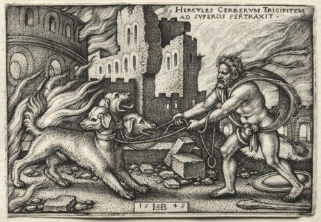 The Labors of Hercules: Hercules Dragging Cerberus from the Underworld, 1545. Creator: Hans Sebald Beham (German, 1500-1550).
