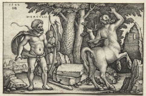 The Labors of Hercules: Hercules Shooting Nessus, 1542. Creator: Hans Sebald Beham (German, 1500-1550).