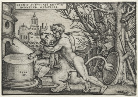 The Labors of Hercules: Hercules Strangling the Nemean Lion, 1548. Creator: Hans Sebald Beham (German, 1500-1550).