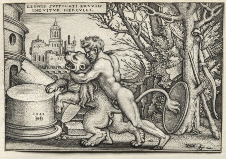 The Labors of Hercules: Hercules Strangling the Nemean Lion, 1548. Creator: Hans Sebald Beham (German, 1500-1550).