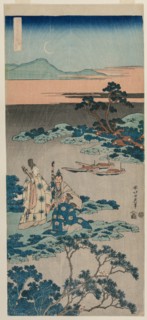 The Minister Toru Daijin Standing by a Lake Beneath a Crescent Moon..., 1834-1835. Creator: Katsushika Hokusai (Japanese, 1760-1849).