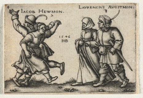 The Peasant Wedding or the Twelve Months: 7 Jacob Hewmon 8-Laurencius Augstmon, 1546. Creator: Hans Sebald Beham (German, 1500-1550).