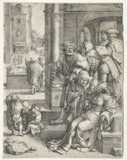 The Poet Virgil Suspended in a Basket, 1525. Creator: Lucas van Leyden (Dutch, 1494-1533).