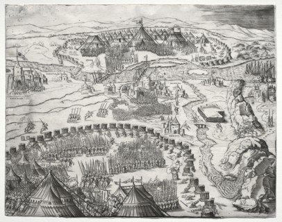 The Position and Camp of the Armies of Charles V and Soliman II, 1532. Creator: Agostino Musi (Italian, 1490-1540).