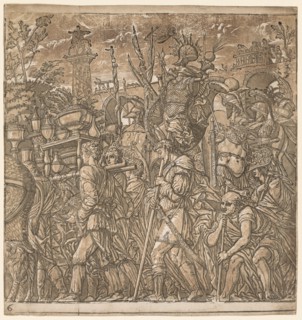 The Triumph of Julius Caesar: Soldiers Carrying Vases and Trophies of War, 1593-99. Creator: Andrea Andreani (Italian, about 1558-1610).