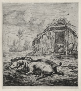 Three Swine Lying in Front of a Sty, 1850. Creator: Charles Meryon (French, 1821-1868).