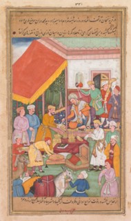 Timur distributes gifts from his grandson, the Prince of Multan, from a Zafar-nama..., 1598-1600. Creator: Shravana (Indian).