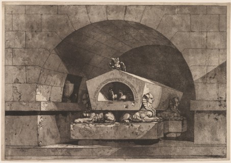 Tomb with Sphinx: Funerary Monument with an Owl on a Sarcophagus Supported by Sphinx, c. 1779-84. Creator: Louis Jean Desprez (French, 1743-1804).