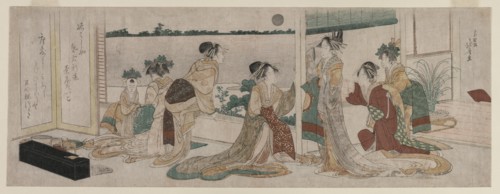 Tsukasa and Other Courtesans of the Ogiya Watching the Autumn Moon Rise..., 1799. Creator: Katsushika Hokusai (Japanese, 1760-1849).