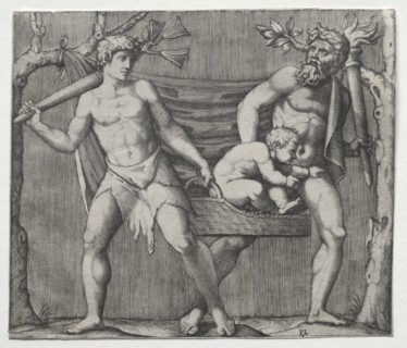 Two Fauns Carrying a Child in a Basket, c. 1513-1515. Creator: Marcantonio Raimondi (Italian, 1470/82-1527/34).