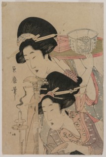 Two Geishas beside a Candle, mid 1800s. Creator: Kitagawa Kikumaro (Tsukimaro) (Japanese).
