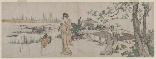 Two Women and a Child Beside a Goldfish Tank, c. 1800. Creator: Katsushika Hokusai (Japanese, 1760-1849).