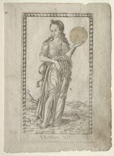 Urania (astronomy) (from the Tarocchi series D: Apollo and the Muses, #12), before 1467. Creator: Master of the E-Series Tarocchi (Italian, 15th century).