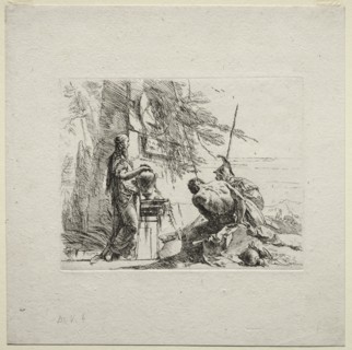 Various Caprices: The Woman Standing with Hands on a Vase, 1785. Creator: Giovanni Battista Tiepolo (Italian, 1696-1770).