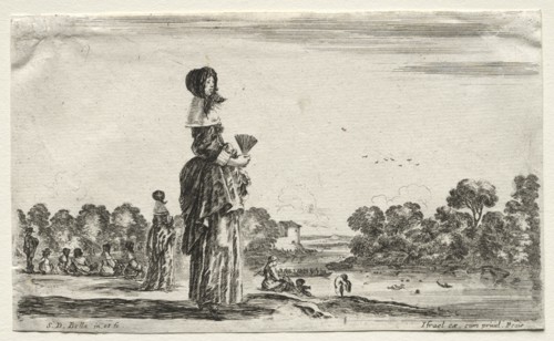 Various Figures and Landscapes: Women Watching Bathers along a River, 1649. Creator: Stefano Della Bella (Italian, 1610-1664).