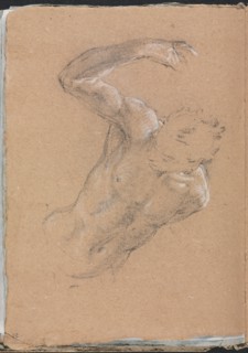 Verona Sketchbook :Male nude with upraised right arm (page 32), 1760. Creator: Francesco Lorenzi (Italian, 1723-1787).