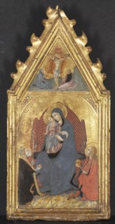 Virgin and Child Adored by Saints Mary Magdalene and Nicolas of Bari; Christ Crucified..., 1400s. Creator: Sano di Pietro (Italian, 1406-1481).