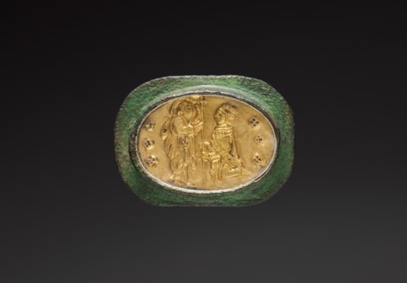 Votive or Civic Badge with a Crowned Figure Kneeling before Christ, c. 1300. Creator: Unknown.
